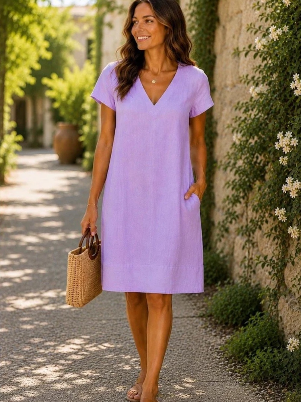 J.Jill Love Linen Purple V-Neck Short Sleeve Pocket Shift Dress XL Petite
